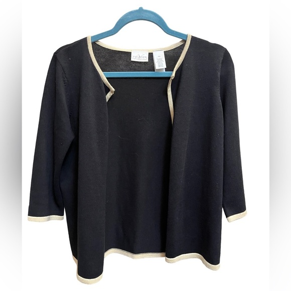 Y2K LIZ CLAIBORNE small black open front sweater with taupe trim petite EUC - Picture 3 of 12